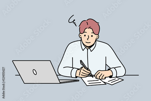 Young man sit at desk working on laptop making notes on paper. Guy studying online on computer writing in notebook. Education and remote job. Vector illustration. 