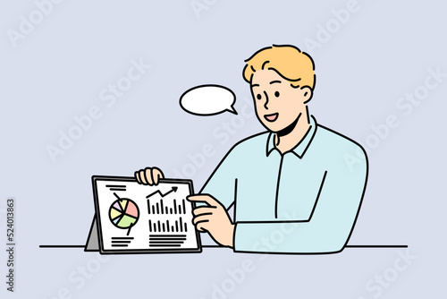 Businessman showing presentation on pad device. Smiling male coach or trainer present financial business project on tablet. Vector illustration. 
