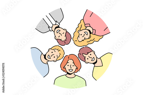 Portrait of smiling diverse friends posing together in circle. Group picture of happy multiracial people show unity and friendship. Vector illustration. 