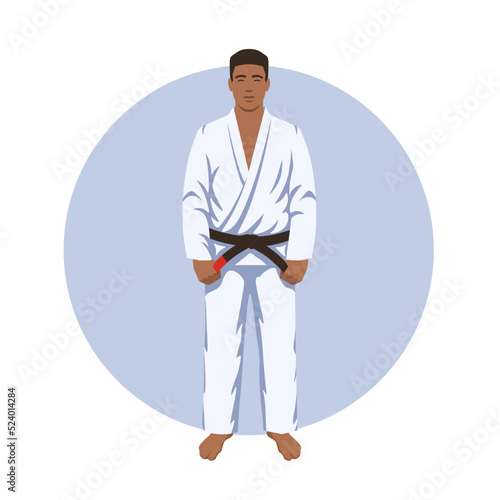 black man brazilian jiu-jitsu practitioner with black belt cartoon vector illustration. BJJ fighter in white GI. African-american grappler