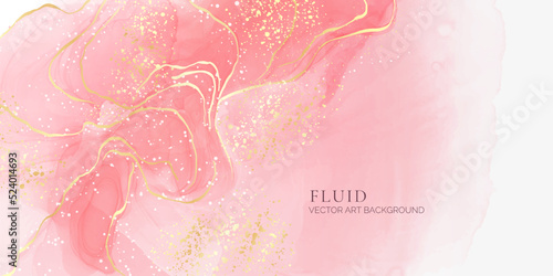 Rose pink liquid watercolor background with golden confetti. Dusty blush marble alcohol ink drawing effect. Vector illustration design template for wedding invitation, menu, rsvp