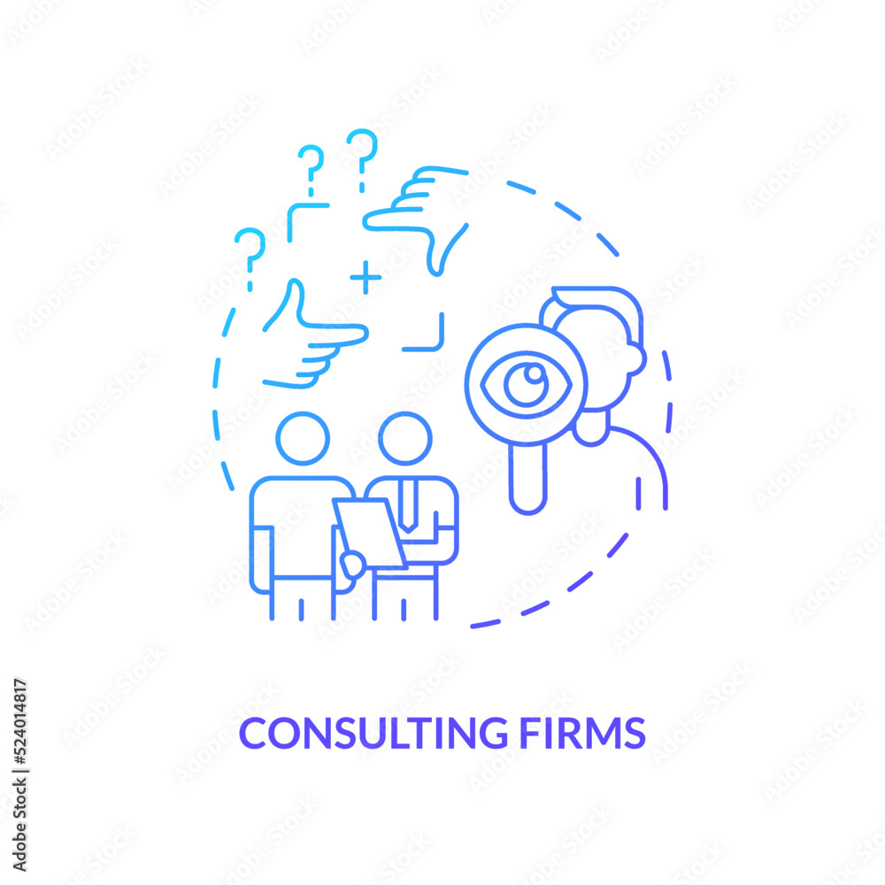 Consulting firms blue gradient concept icon. New business sponsorship type abstract idea thin line illustration. Problem solving. Identify problems. Isolated outline drawing. Myriad Pro-Bold font used Consulting firms blue gradient concept icon. New business sponsorship type abstract idea thin line illustration. Problem solving. Identify problems. Isolated outline drawing. Myriad Pro-Bold font used