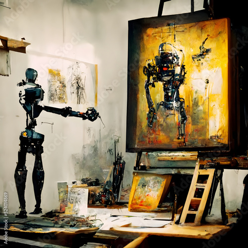 anthropomorphic robot artist in the studio next to the easel, painting and paints while working - neural network generated art, picture produced with ai in 2022 photo