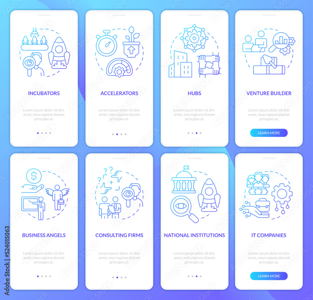 Funding assistance for startups blue gradient onboarding mobile app screen set. Walkthrough 4 steps graphic instructions with linear concepts. UI, UX, GUI template. Myriad Pro-Bold, Regular fonts used