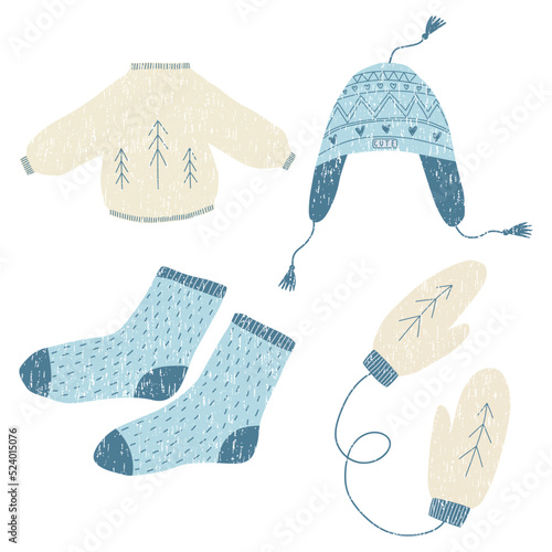 Winter knit clothes. Wool sweater, winter hat, cute knitted socks, warm mittens. Isolated Scandinavian style vector illustration