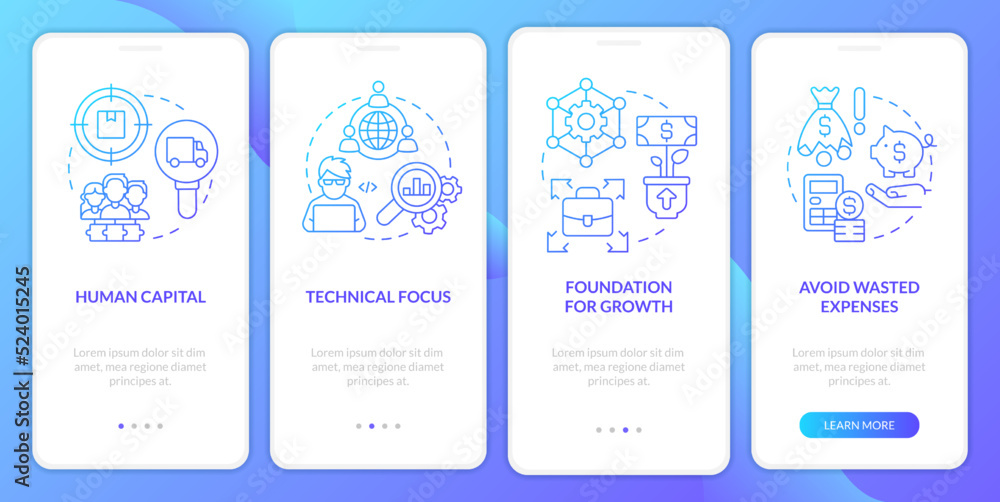 Startup needs consulting service blue gradient onboarding mobile app screen. Walkthrough 4 steps graphic instructions with linear concepts. UI, UX, GUI template. Myriad Pro-Bold, Regular fonts used
