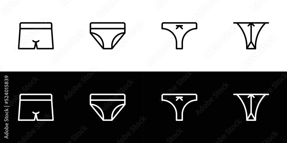 Underwear icon set. Flat design icon collection isolated on black and white background. Brief, slip, thong, and string.