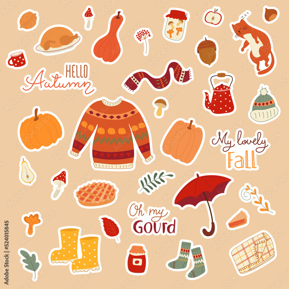 Vector illustration autumn stickers with cute seasonal elements and lettering.Cute doodle style. Cozy autumn concept stickers for planners, diaries, scrapbooking