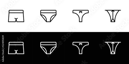 Underwear icon set. Flat design icon collection isolated on black and white background. Brief, slip, thong, and string.