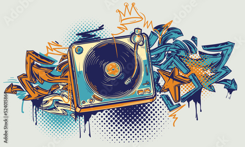 Drawn vinyl record turntable with graffiti arrows, colorful music design