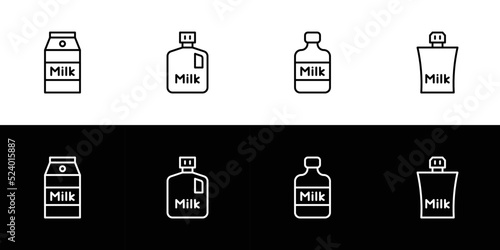 Milk container icon set. Flat design icon collection isolated on black and white background. Bottle, box, and doypack or stand up pouch.