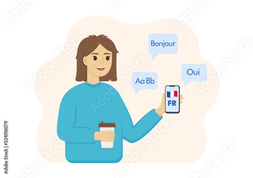 Woman using a mobile app for learning a foreign language, online translating words into a foreign language.