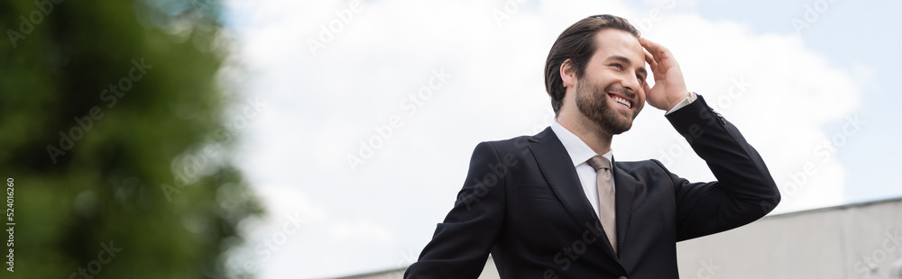Low angle view of smiling groom touching hair on terrace, banner. Low angle view of smiling groom touching hair on terrace, banner.