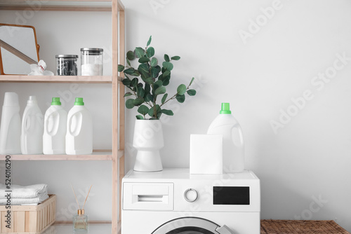 Vase with eucalyptus branches and detergent on washing machine in laundry room © Pixel-Shot