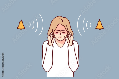 Stressed woman close ear suffer from loud noise. Unhappy girl avoid noisy bells ringing. Vector illustration. 