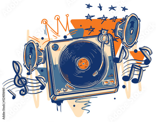 Colorful graffiti vinyl turntable, speakers and notes - musical design