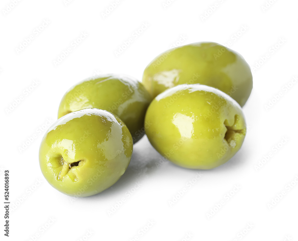 Obraz premium Heap of tasty green olives on white background