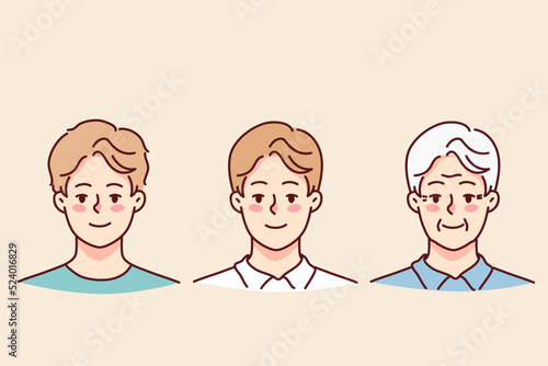 Set of man aging. Collection of teen guy, grownup male and mature grandfather. Concept of age process. Vector illustration. 