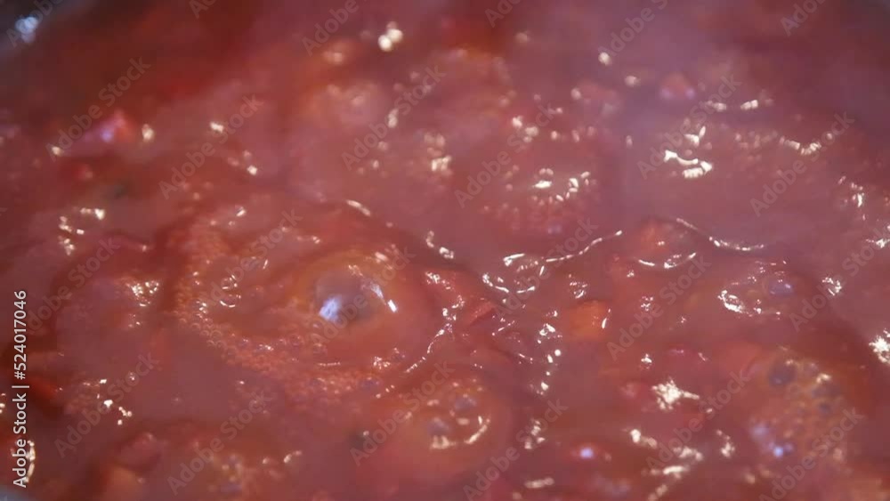 boiling beans in thick hot tomato sauce, close up, boiling beans in thick hot tomato sauce, close up,
