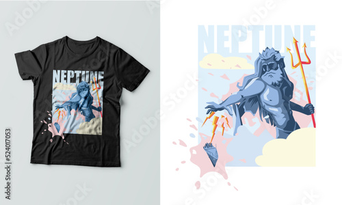 t shirt print. Ukrainian Neptune destroys enemy ship. Apparel and clothing