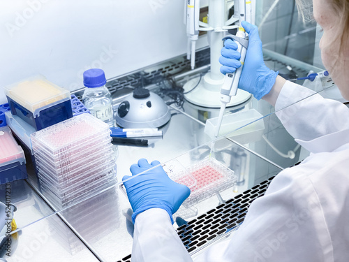 A laboratory technician performing biological activity evaluation of a new anticancer drug using elaborated laboratory equipment. The experiment is carried out in a sterile environment.