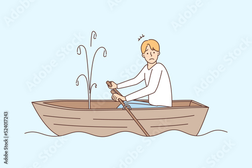 Stressed man sailing in boat with leakage 
