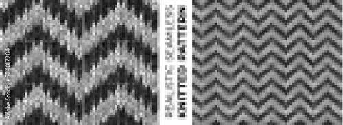 Realistic chevron seamless knitted pattern. Detailed zigzag ornament. Texture of monochrome knitwear for background, wallpaper, wrapping paper, website backdrop, winter design. Vector illustration.