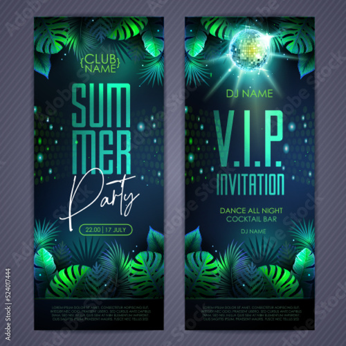 Summer tropic disco party poster with fluorescent tropic leaves and disco ball. Invitation design. Summer background. Vector illustration