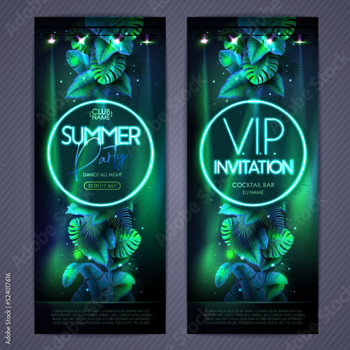 Summer tropic disco party poster with fluorescent tropic leaves and spot light. Invitation design. Summer background. Vector illustration