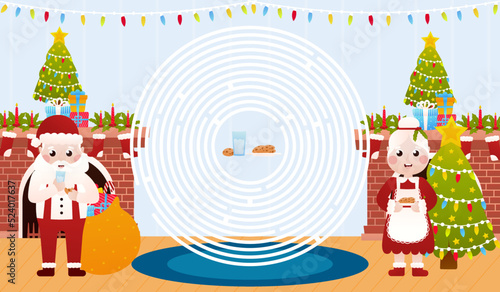 Christmas riddle for kids with mrs ans mrs claus cooking christmas food, circle maze game, printable worksheet