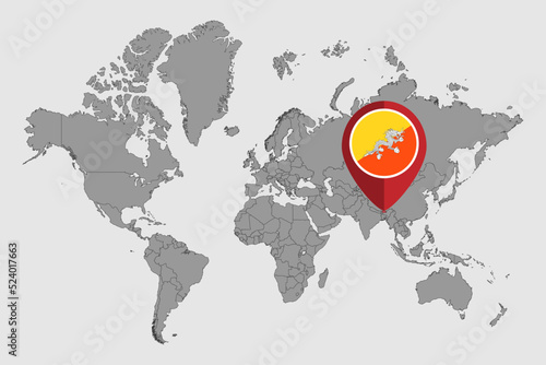 Pin map with Bhutan flag on world map. Vector illustration.