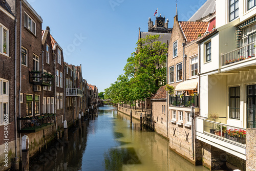 Cityscape of a canal in historic centre of Dordrecht, Netherlands