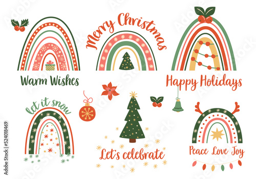 Christmas rainbow set. New Year decorative elements isolated Christmas phrases collection. Funny Christmas holiday rainbow illustration. Vector doodle design clipart. Green and red Christmas elements.