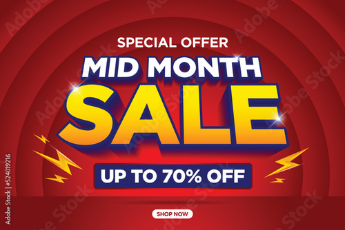 Mid month sale and thunder poster or banner vector template design. Big sale event on the orange background. Ads for web, social media, shopping online.