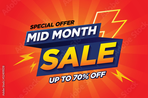 Mid month sale and thunder poster or banner vector template design. Big sale event on the orange background. Ads for web, social media, shopping online.