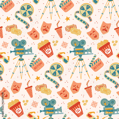 Flat cinema seamless pattern design with film reel, clapper, popcorn, 3D glasses. Hand drawn flat vector background