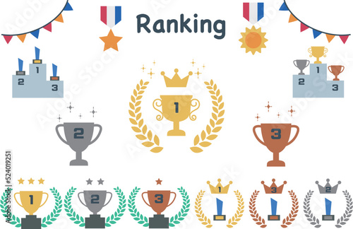 金、銀、銅のトロフィーと表彰台のイラストセット、ランキング素材.
