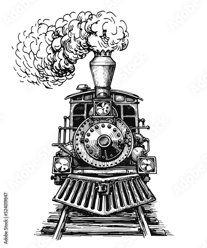 Old locomotive or train on railway. Retro transport. Hand drawn sketch vector illustration in vintage engraving style