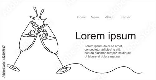 Continuous one line drawing of cheers two glasses with champagne. Romantic toast concept  in linear style isolated on white background. Vector illustration