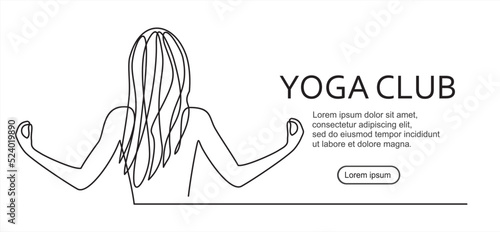 Yoga club continuous one line vector invitation template. Single continuous line drawing of young sportive woman in sport gymnasium club center. Trendy one line draw design graphic vector 