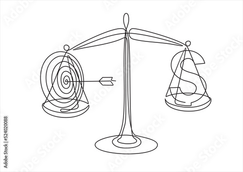 Drawing of business target vs dollar sign on scales. Single line art style