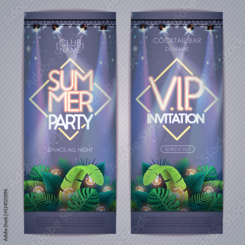 Summer tropic disco party poster with tropic leaves and spot light. Invitation design. Summer background. Vector illustration