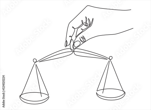 One single line drawing of hand holding weight scale symbol for world day of social justice in continuous line drawing