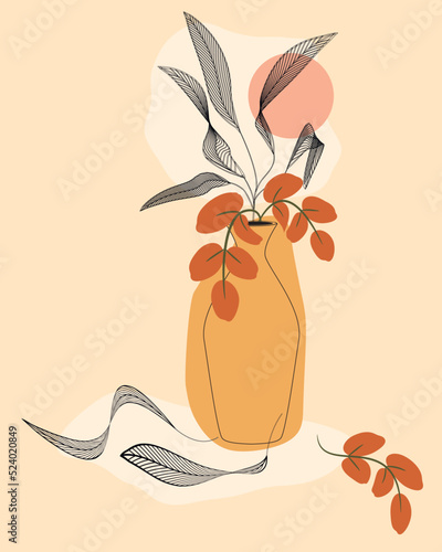 Stylized bouquet of leaves in vase drawn with lines and spots