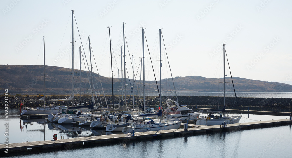 A bright and calm March morning, sailing yachts and other craft moored in the Portavadie Marina on Loch Fyne on the west coast of Scotland