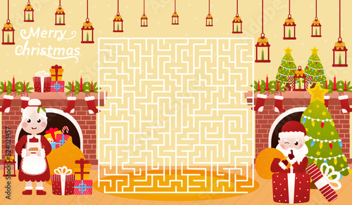 Christmas riddle for kids with santa claus hiding in gift box and mrs claus cooking christmas cookies, labyrinth maze