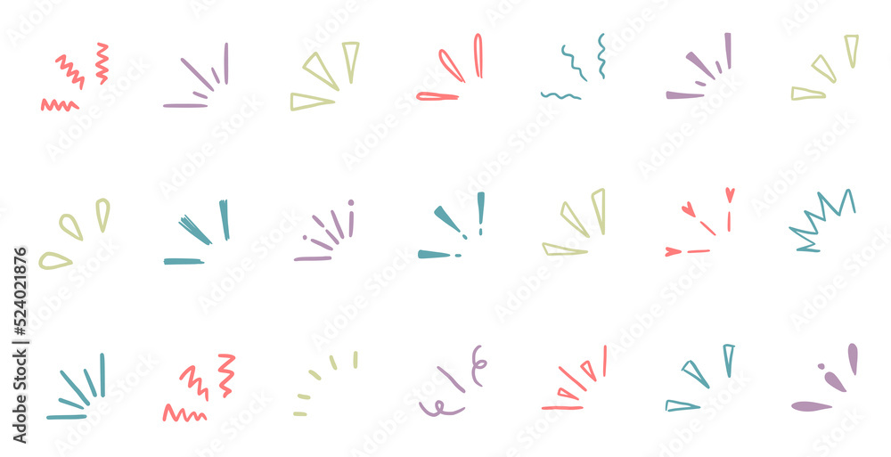 Doodle shine sunburst sparkle ray elements. Hand drawn pop surprise line frame for title headline illustration. Doodle vector illustration.