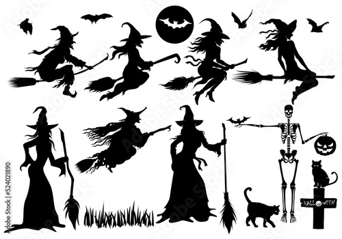 Witch flying on a broomstick.Halloween silhouette on white background vector illustration