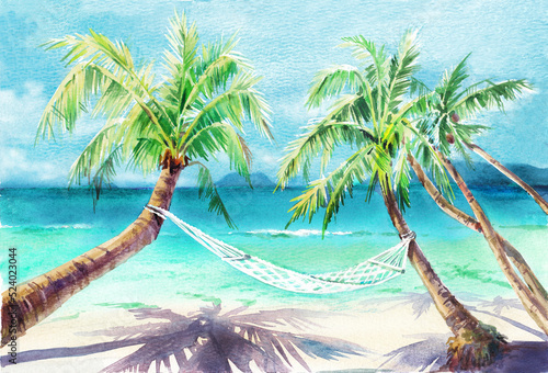 Maldives in watercolor.Island with palm trees and hammock.Distance and horizon.Color illustration.