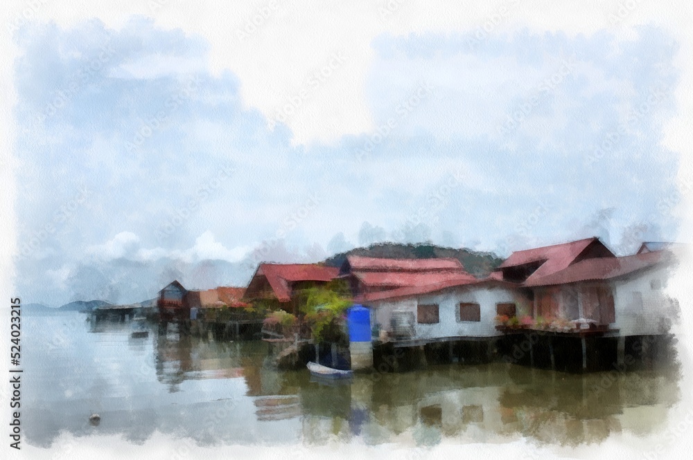 Seaside landscape fishing village and beach watercolor style illustration impressionist painting.